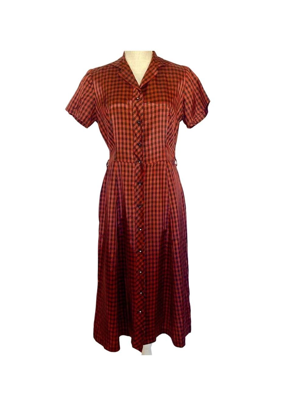 Rare Vintage 1950s Red Plaid Button Up Midi Dress Women’s Small Retro